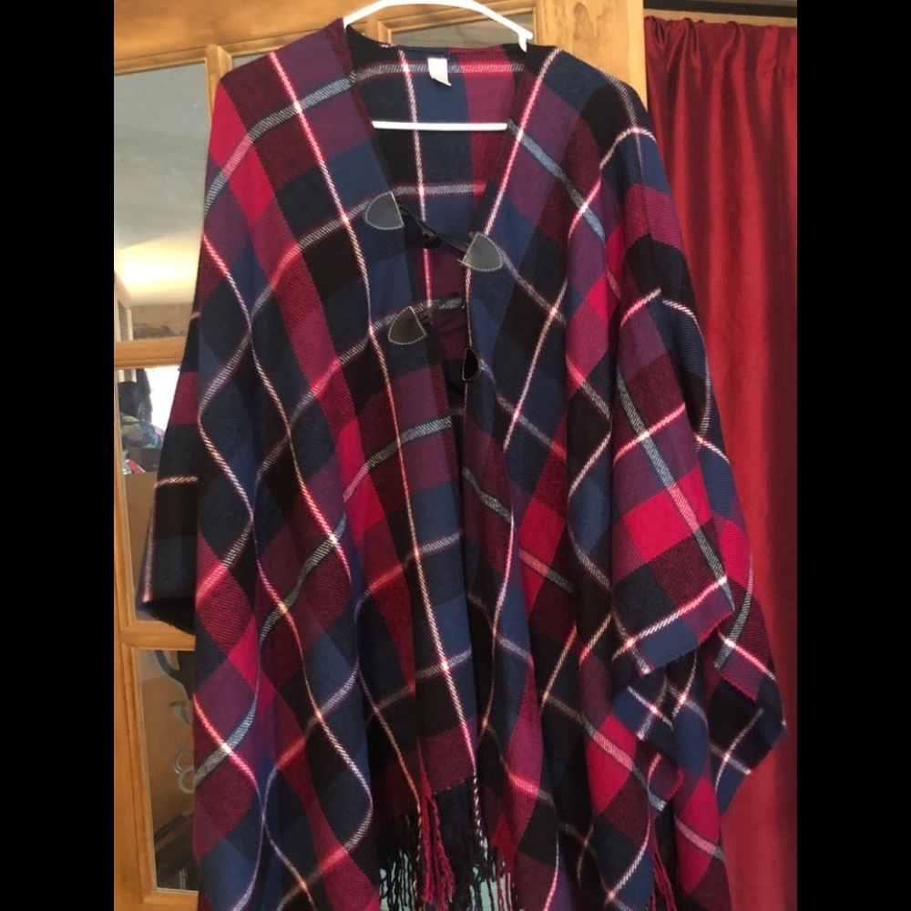 Plaid Ruana purple, pink , navy blue